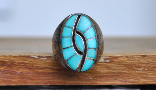 Rare Sterling Silver Native American Southwest Turquoise Inlay Zuni Hummingbird Ring - Size 12 - Tested Sterling Silver - Thick Zuni Ring