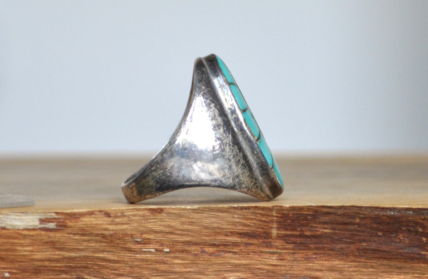 Rare Sterling Silver Native American Southwest Turquoise Inlay Zuni Hummingbird Ring - Size 12 - Tested Sterling Silver - Thick Zuni Ring