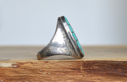 Rare Sterling Silver Native American Southwest Turquoise Inlay Zuni Hummingbird Ring - Size 12 - Tested Sterling Silver - Thick Zuni Ring