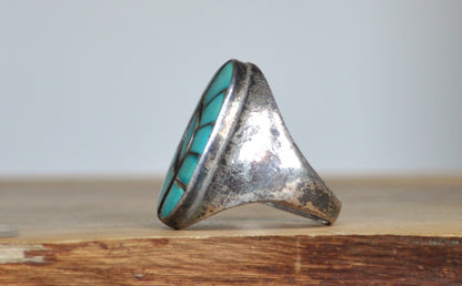 Rare Sterling Silver Native American Southwest Turquoise Inlay Zuni Hummingbird Ring - Size 12 - Tested Sterling Silver - Thick Zuni Ring