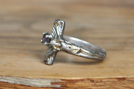 Rare Silver Amethyst Jesus Cross Ring - Size 5.5 - Stamped and Tested Sterling Silver - Gold Tone Jesus