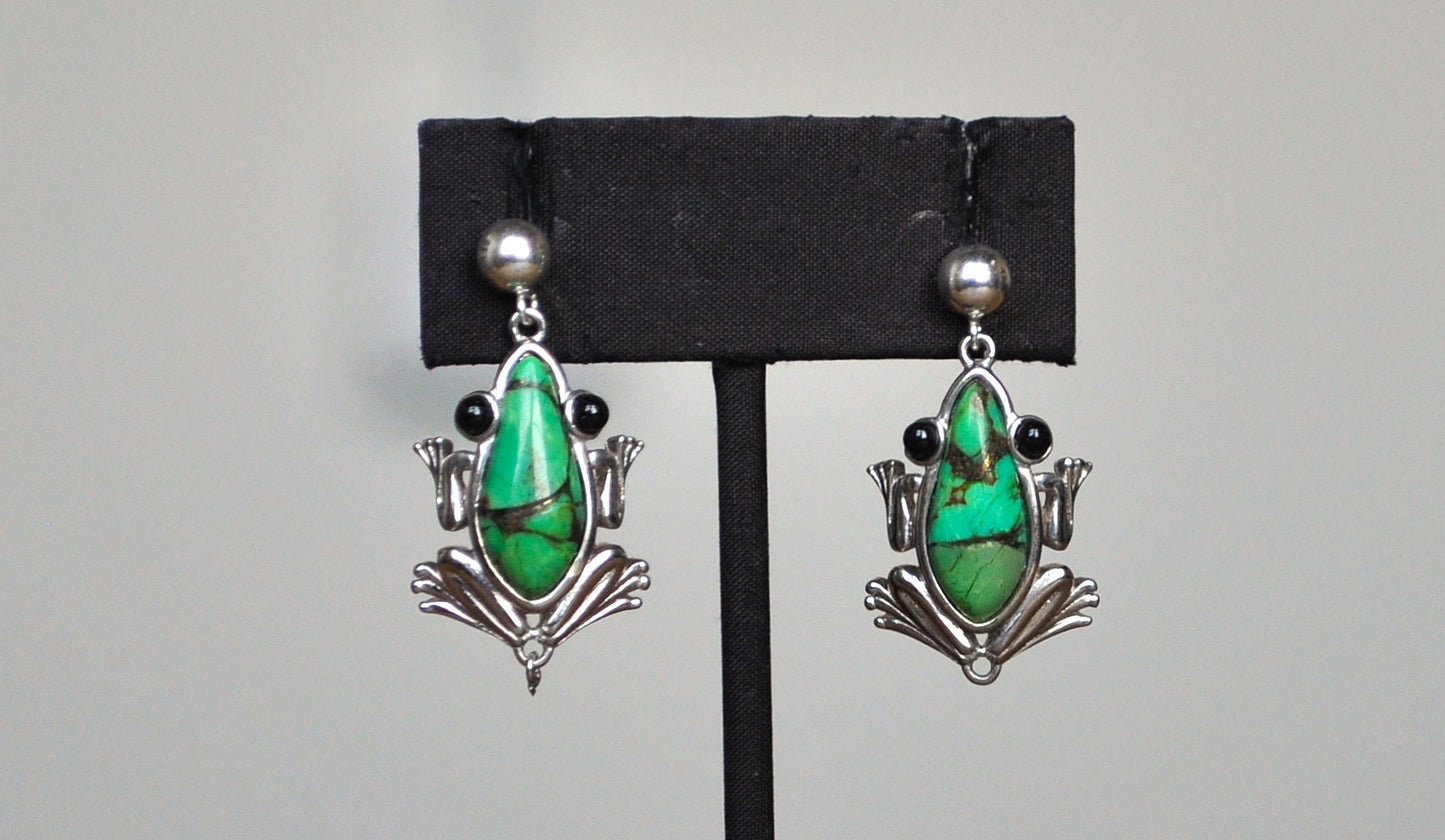 Sterling Silver Green Turquoise Frog Earrings - Stamped and Tested Sterling Silver - BBJ Jewelry