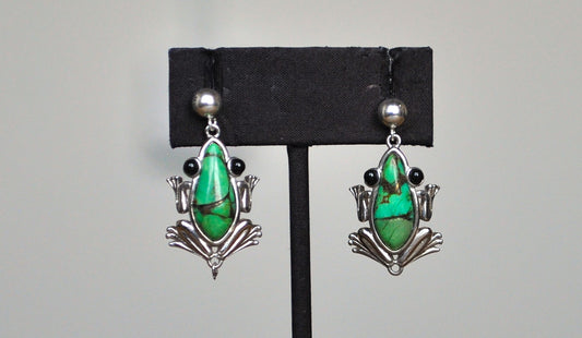 Sterling Silver Green Turquoise Frog Earrings - Stamped and Tested Sterling Silver - BBJ Jewelry