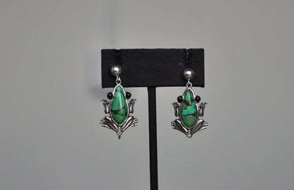 Sterling Silver Green Turquoise Frog Earrings - Stamped and Tested Sterling Silver - BBJ Jewelry