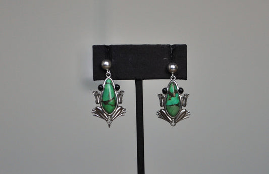 Sterling Silver Green Turquoise Frog Earrings - Stamped and Tested Sterling Silver - BBJ Jewelry