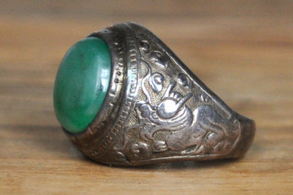 Chinese Dragon and Jade Ring - Size 6 - Tested Sterling Silver - Authentic Chinese Jewelry