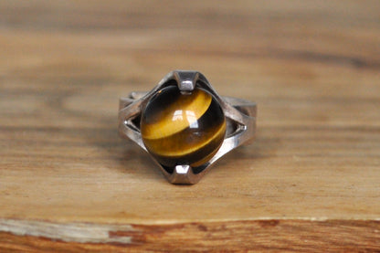 Pedestalled Tiger's Eye Marble Ring - Size 5.5 - Stamped and Tested Sterling Silver - MJH Jewelry - Made in Finland