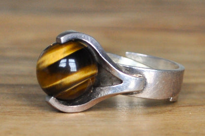 Pedestalled Tiger's Eye Marble Ring - Size 5.5 - Stamped and Tested Sterling Silver - MJH Jewelry - Made in Finland