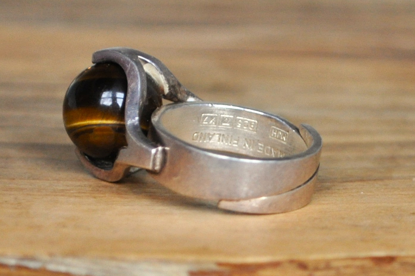 Pedestalled Tiger's Eye Marble Ring - Size 5.5 - Stamped and Tested Sterling Silver - MJH Jewelry - Made in Finland