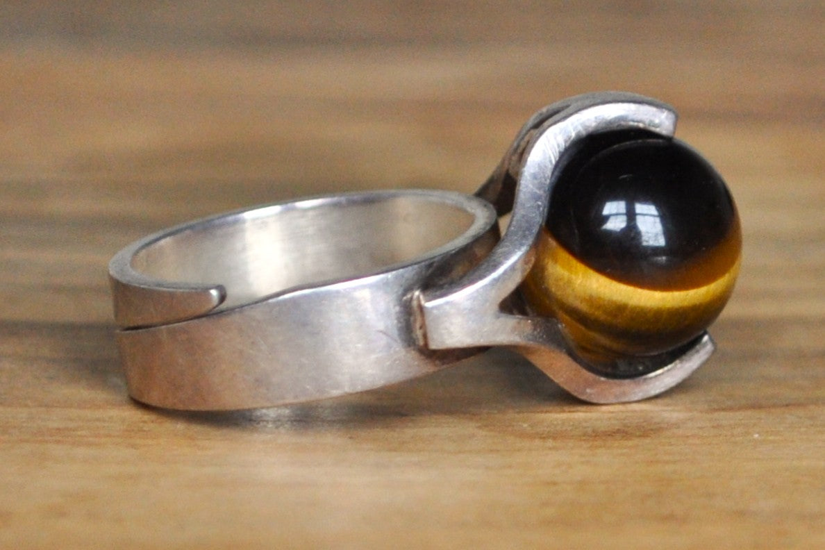 Pedestalled Tiger's Eye Marble Ring - Size 5.5 - Stamped and Tested Sterling Silver - MJH Jewelry - Made in Finland