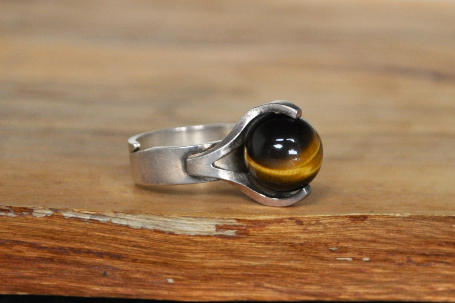 Pedestalled Tiger's Eye Marble Ring - Size 5.5 - Stamped and Tested Sterling Silver - MJH Jewelry - Made in Finland