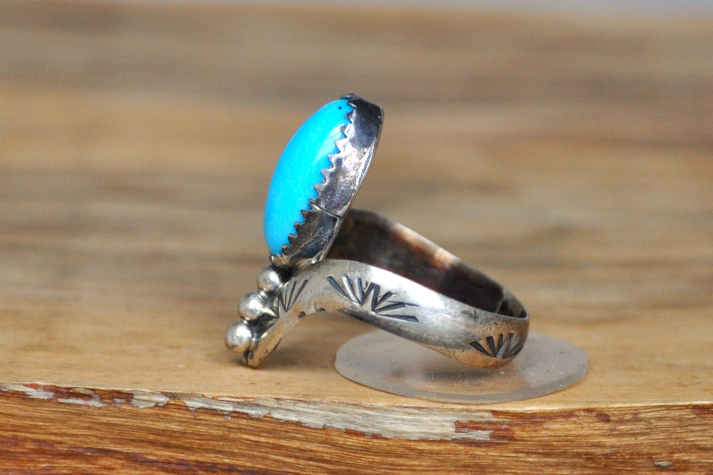 Unique Native American Crownlike Turquoise Ring - Size 8 - Stamped and Tested Sterling Silver - Authentic Native American Jewelry