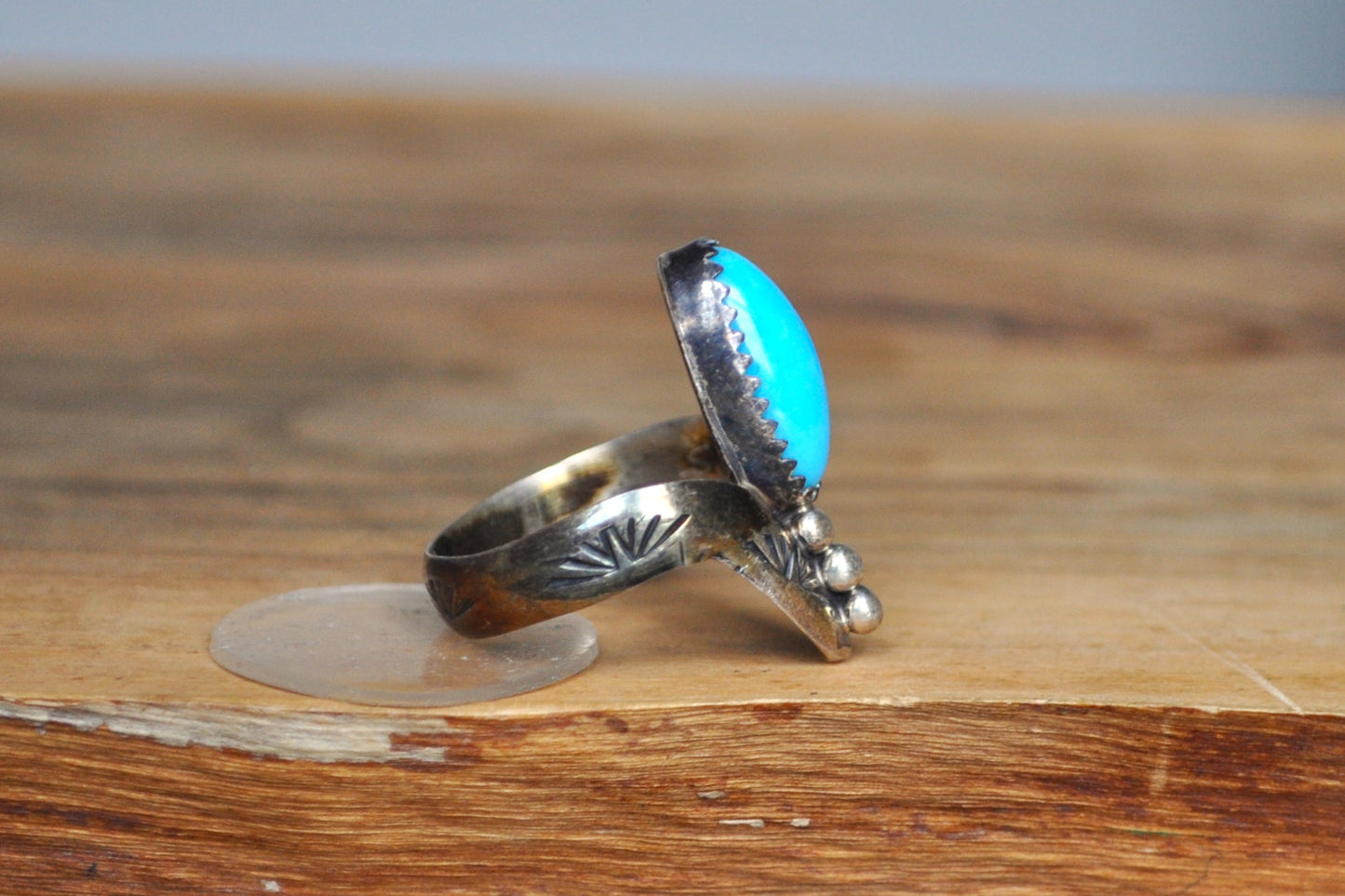 Unique Native American Crownlike Turquoise Ring - Size 8 - Stamped and Tested Sterling Silver - Authentic Native American Jewelry
