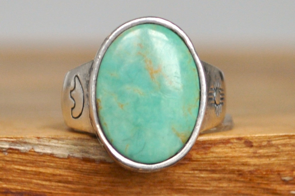 Fred Harvey Era Carolyn Pollack Turquoise Green Ring - Size 6 - Stamped and Tested Sterling Silver - Native American Influenced Jewelry