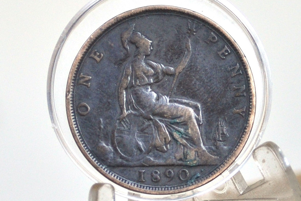 1890 Great Britain One Penny - F/VF - UK Large Penny 1890 - Queen Victoria 1 Penny - Bronze - UK penny Young Head 1890