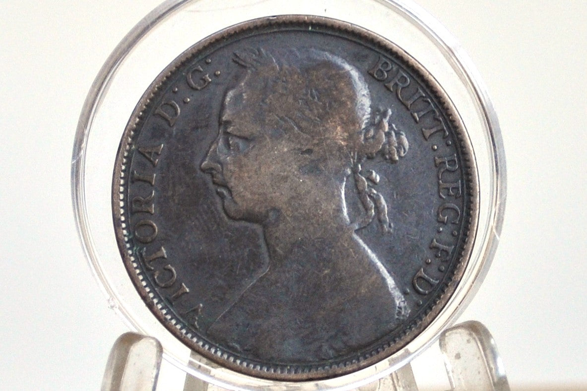 1890 Great Britain One Penny - F/VF - UK Large Penny 1890 - Queen Victoria 1 Penny - Bronze - UK penny Young Head 1890