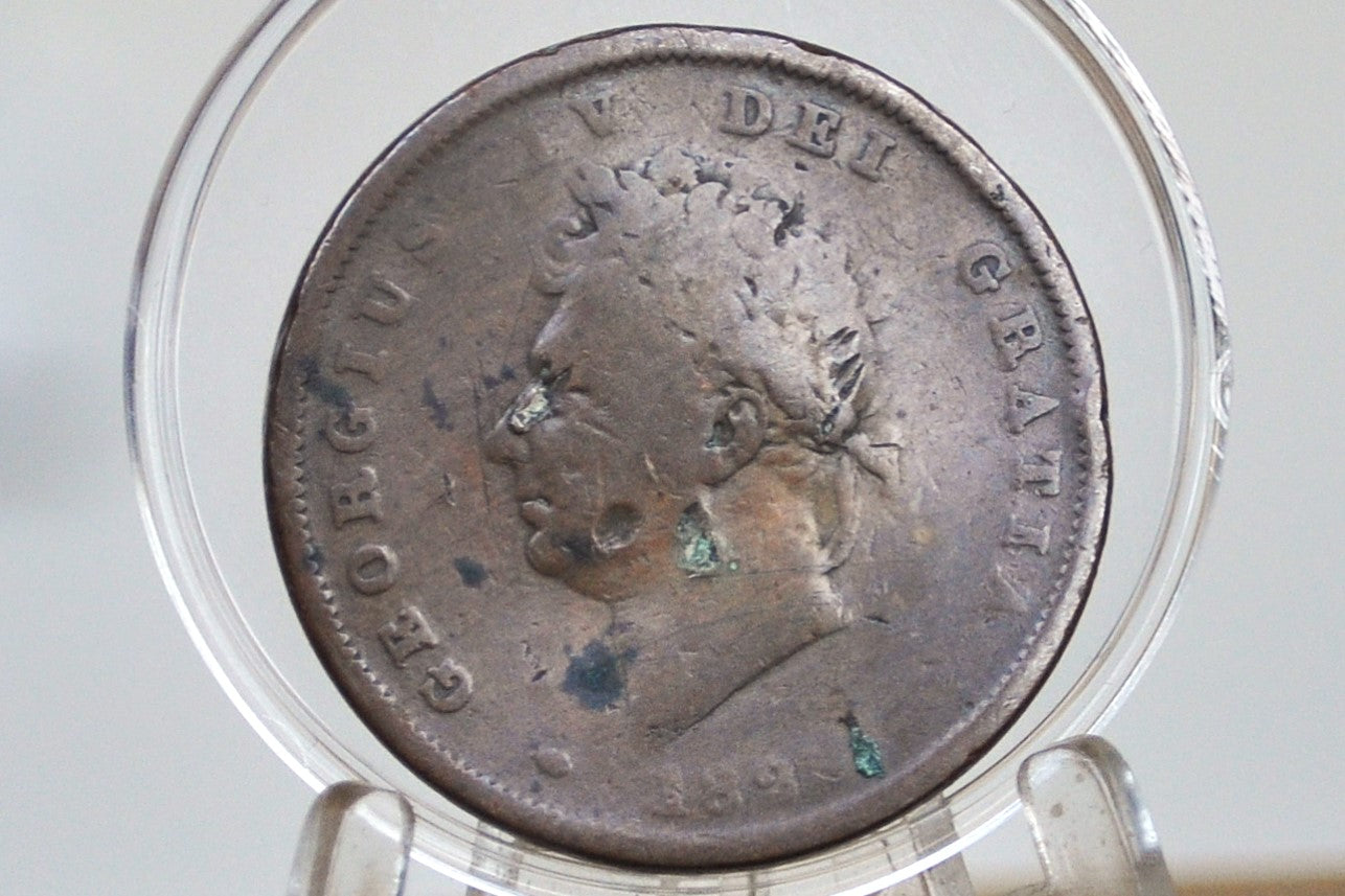 Rare 1825 Great Britain One Penny - G/VG, Damaged - UK Penny 1825 - King George III - British Penny 1825, Low Mintage Date