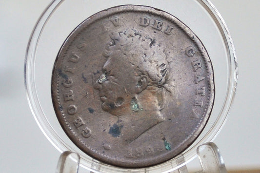 Rare 1825 Great Britain One Penny - G/VG, Damaged - UK Penny 1825 - King George III - British Penny 1825, Low Mintage Date