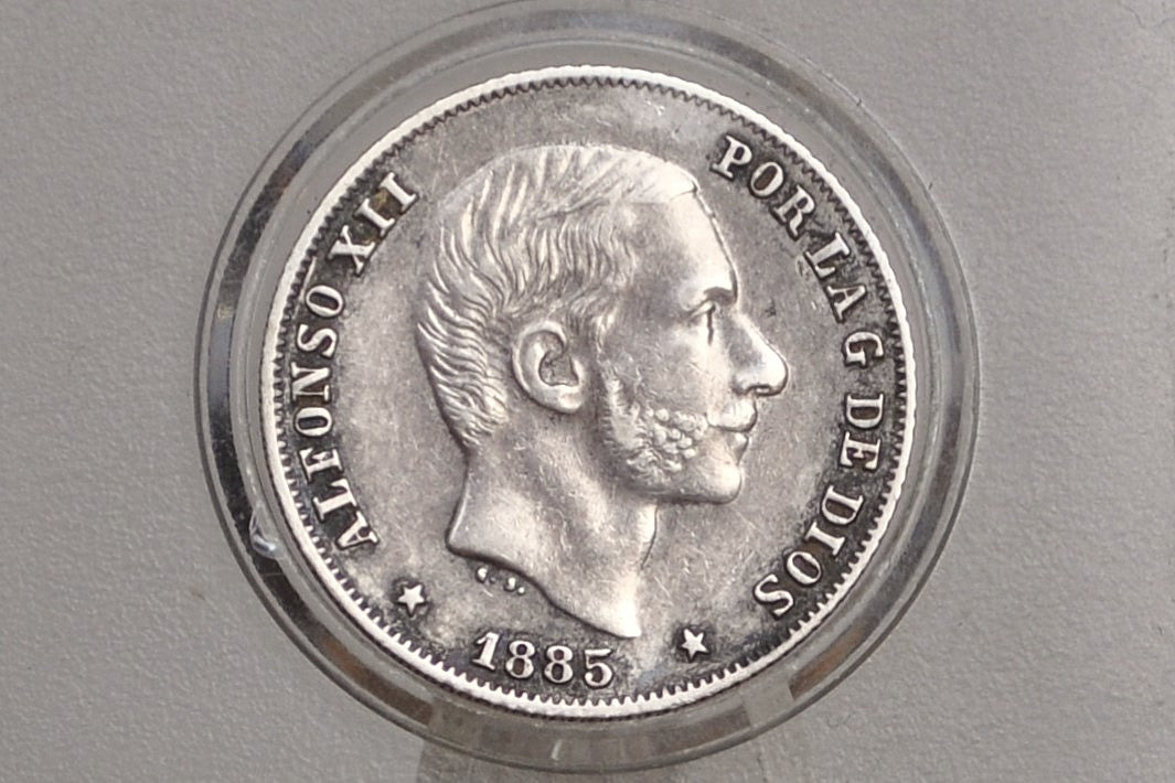 1885 Philippines Silver 20 Centavos - AU Condition  - 1885 Silver Twenty Centavos Spanish Philippines - Alfonso XII -