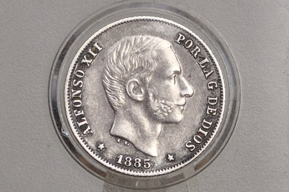 1885 Philippines Silver 20 Centavos - AU Condition  - 1885 Silver Twenty Centavos Spanish Philippines - Alfonso XII -