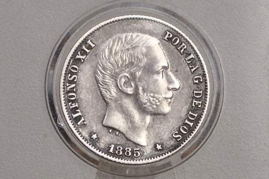 1885 Philippines Silver 20 Centavos - AU Condition  - 1885 Silver Twenty Centavos Spanish Philippines - Alfonso XII -