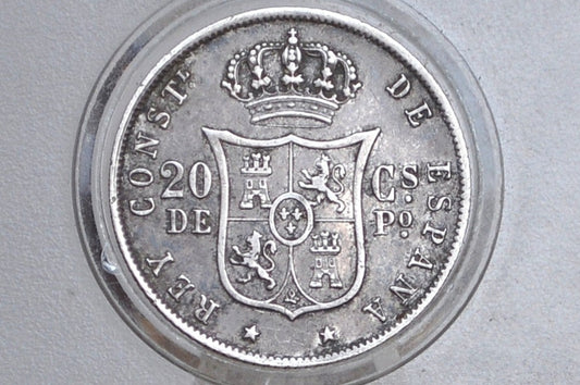 1885 Philippines Silver 20 Centavos - AU Condition  - 1885 Silver Twenty Centavos Spanish Philippines - Alfonso XII -
