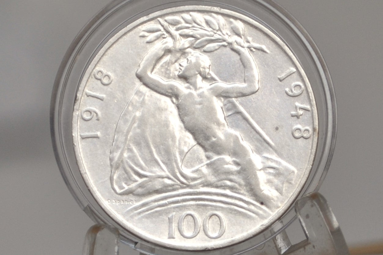 1948 Czechoslovakian 100 Koru - Great Condition - 50% Silver - Beautiful Coin - One Hundred Koru 1948 - Czech lion with Slovak shield