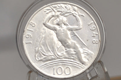 1948 Czechoslovakian 100 Koru - Great Condition - 50% Silver - Beautiful Coin - One Hundred Koru 1948 - Czech lion with Slovak shield