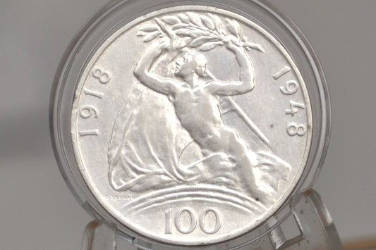 1948 Czechoslovakian 100 Koru - Great Condition - 50% Silver - Beautiful Coin - One Hundred Koru 1948 - Czech lion with Slovak shield