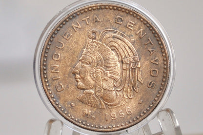 1956 Mexico Fifty Centavos Cincuenta Bronze Cuauhtémoc Aztec Design