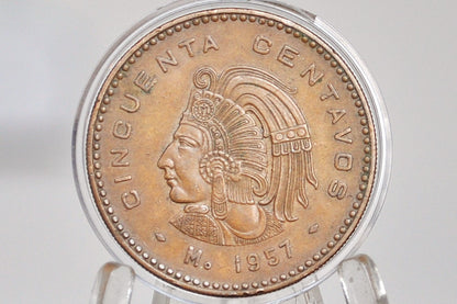 1957 Mexico Fifty Centavos Cincuenta Bronze Cuauhtémoc Aztec Design