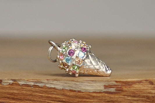 Vintage Sterling Ice Cream Cone Charm! 925 Silver Rainbow Sprinkles Charm - Awesome Piece!