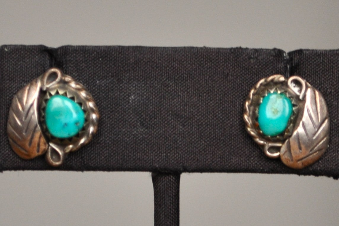 Turquoise Studded Leaf Earrings - Tested Sterling Silver - Lacking Earing Backs - Authentic Native Jewelry