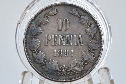 Rare 1891 Finland 10 Pennia Coin - Great Condition - Low Mintage Coin, Few Surviving - Rare Finnish Coin