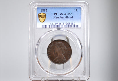 1885 Newfoundland One Cent - PCGS AU55 - Queen Victoria - One Cent Newfoundland 1885 Large Cent - Rarer Date, Low Mintage, High Grade