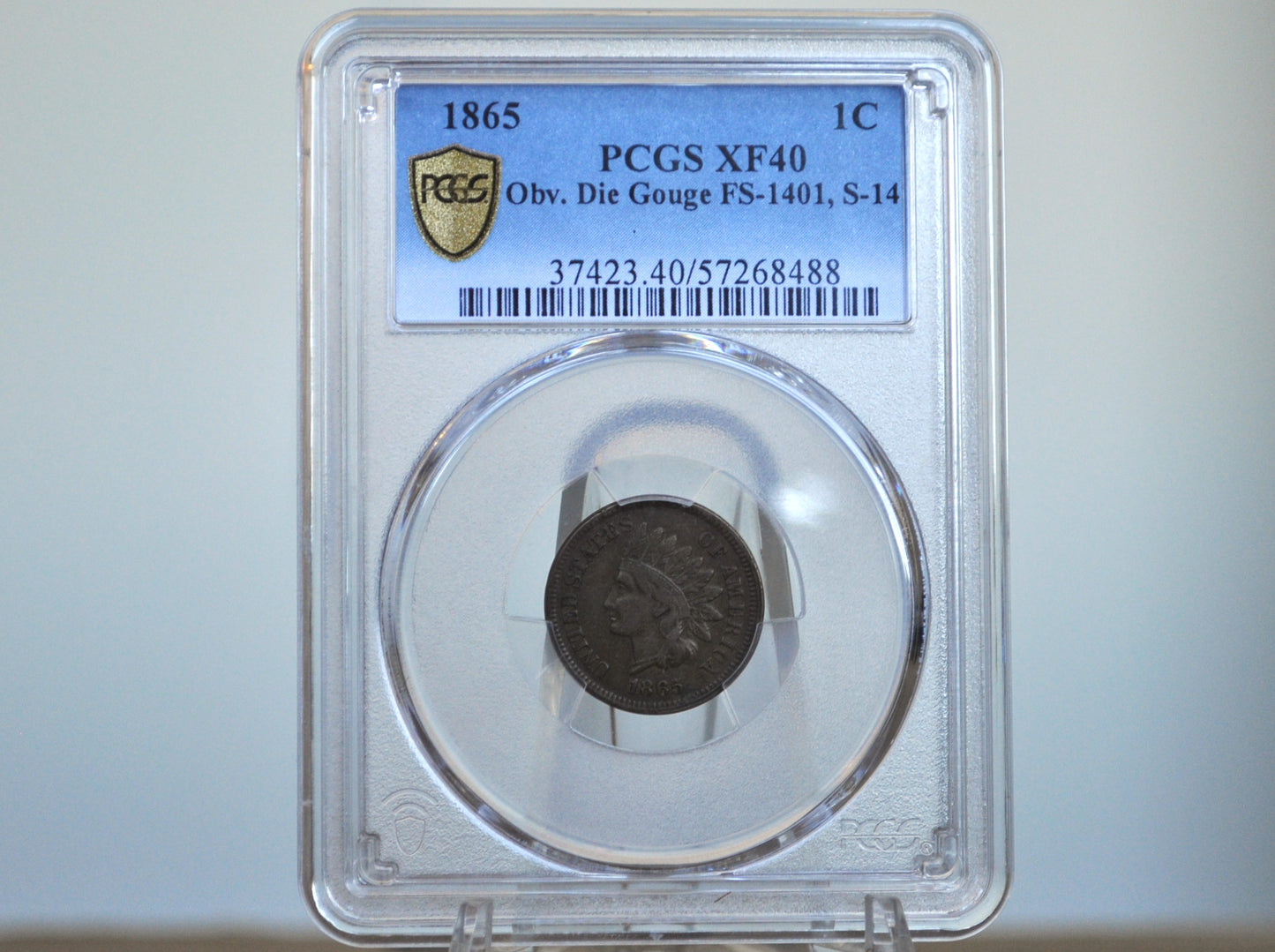 1865 Indian Head Penny, Rare Die Error; Die Gouge FS-1401,S-14 PCGS XF40 - 1865 Cent Indian Head 1865 Fancy 5; Rare Error Cent