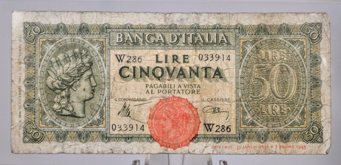 1944 Banca D'Italia 50 Lire Italian Banknote - Rarer Replacement Type, Series W286 - 1944 WW2 Italy Fifty Lire Replacement Note - P#74r