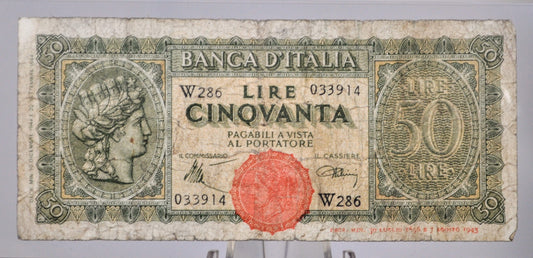 1944 Banca D'Italia 50 Lire Italian Banknote - Rarer Replacement Type, Series W286 - 1944 WW2 Italy Fifty Lire Replacement Note - P#74r