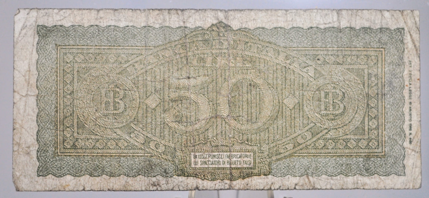 1944 Banca D'Italia 50 Lire Italian Banknote - Rarer Replacement Type, Series W286 - 1944 WW2 Italy Fifty Lire Replacement Note - P#74r