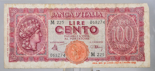 1944 Banca D'Italia 100 Lire Italian Banknote - Series M225 - Introna & Urbini Signatures - 1944 WW2 Italy One Hundred Lire Note - P#75b