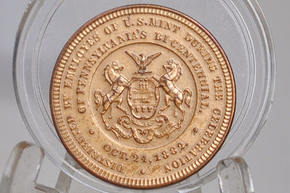 1882 William Penn Pennsylvania Bicentennial Medal - Pristine Condition - Bronze - US Mint Employees - 1882 US Mint Commemorative