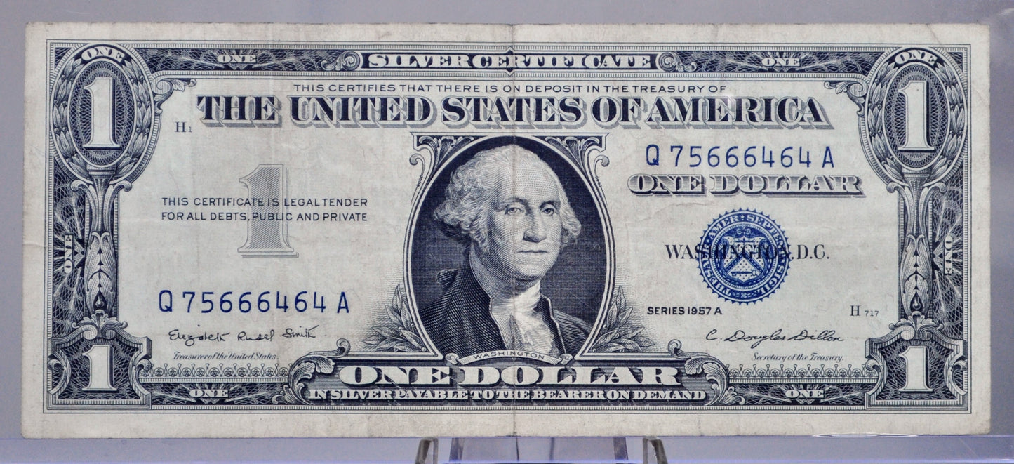 1957A Silver Certificate 1 Dollar Note - Fancy Devil Repeater Serial Number - 75666464 - 1957 A One Dollar Blue Seal Banknote - Fr#1620