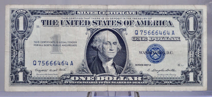 1957A Silver Certificate 1 Dollar Note - Fancy Devil Repeater Serial Number - 75666464 - 1957 A One Dollar Blue Seal Banknote - Fr#1620