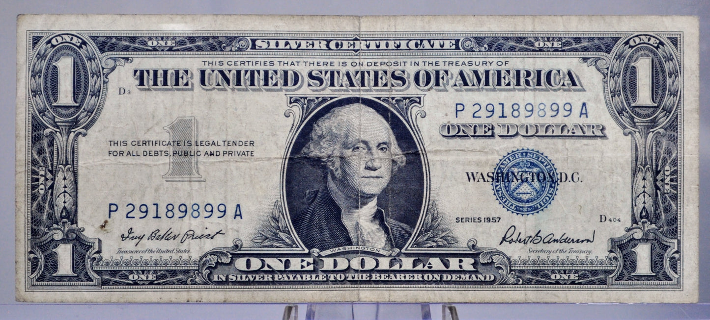 1957 Silver Certificate 1 Dollar Note - Fancy Repeating Pattern Serial Number - 29189899 - 1957 One Dollar Blue Seal Banknote - Fr#1619