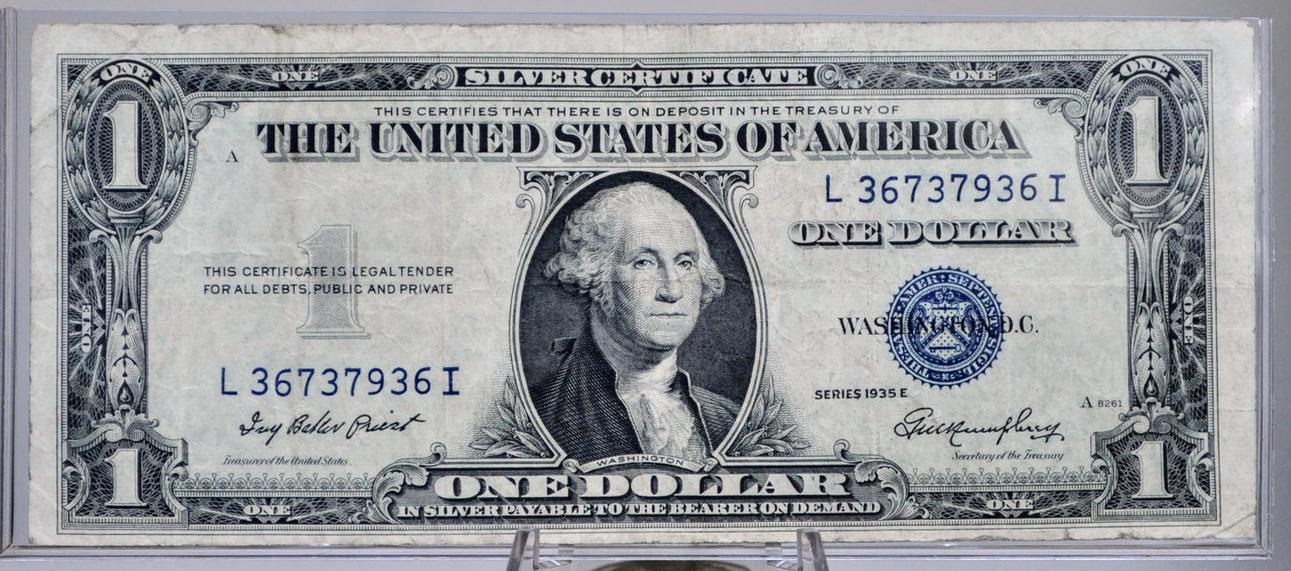 1935 E Silver Certificate 1 Dollar Note - Fancy Bookend Serial Number - 36737936 - 1935E One Dollar Blue Seal Fancy Serial Note - Fr#1614