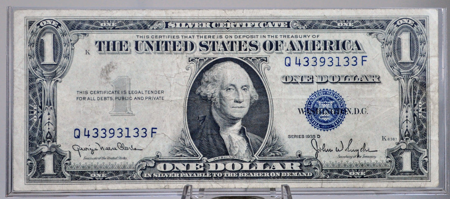 1935 D Silver Certificate 1 Dollar Narrow Type Note - Fancy Double Duo Serial Number - 43393133 - 1935D Series Silver Cert Note - Fr.1613N