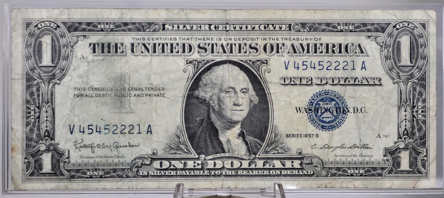 1957B Fancy Triplet Pattern Serial Number 1 Dollar Silver Certificate - 45452221 - 1957 B One Dollar Blue Seal Fancy Serial Note - Fr#1621