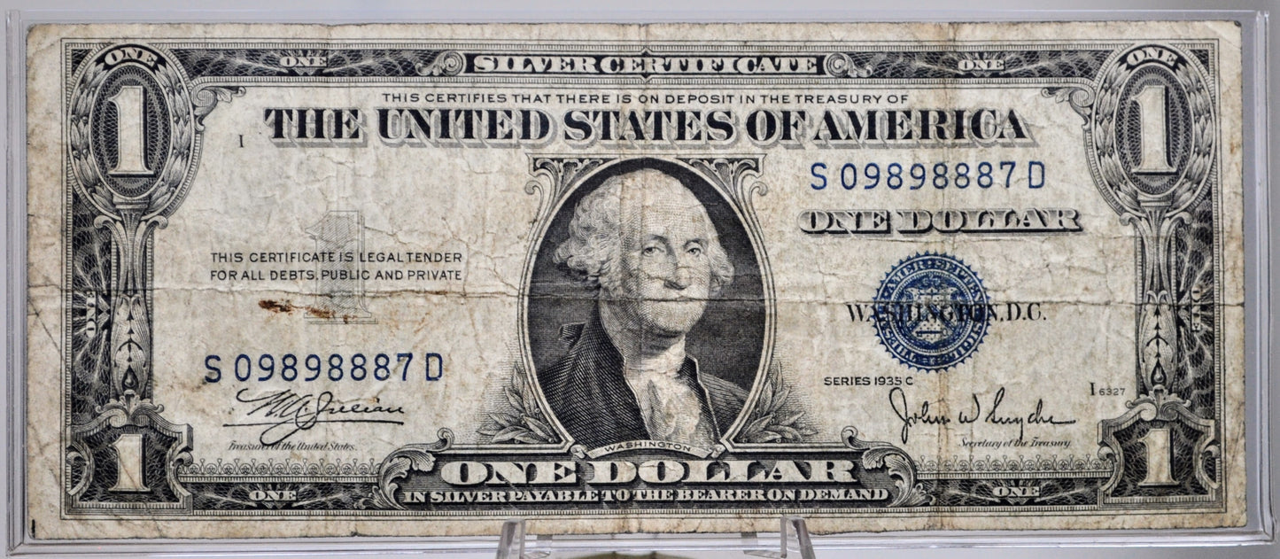1935C Fancy Triplet Repeater Serial Number 1 Dollar Silver Certificate - 09898887 - 1935C One Dollar Fancy Serial Blue Seal Note - Fr.1612