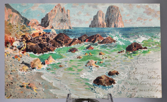 1905 Capri l'Faraglioni Italy Artist Postcard - Grey Color Text - Posted/Stamped 1905 - Antique Capri Italian Coastline Painting Postcard