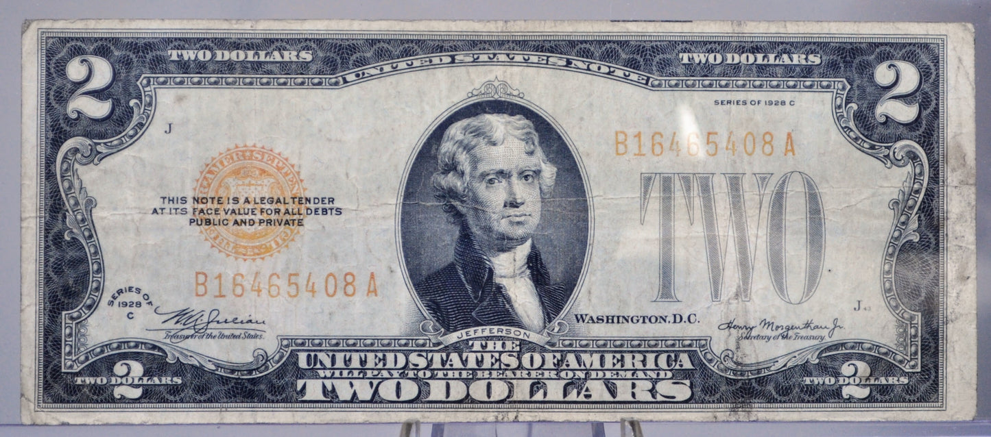 1928C US 2 Dollar Legal Tender Faded Ink Note - Contaminated Orange/Gold Ink Error - 1928-C Two Dollar Yellow Red Ink Error Note - Fr#1504